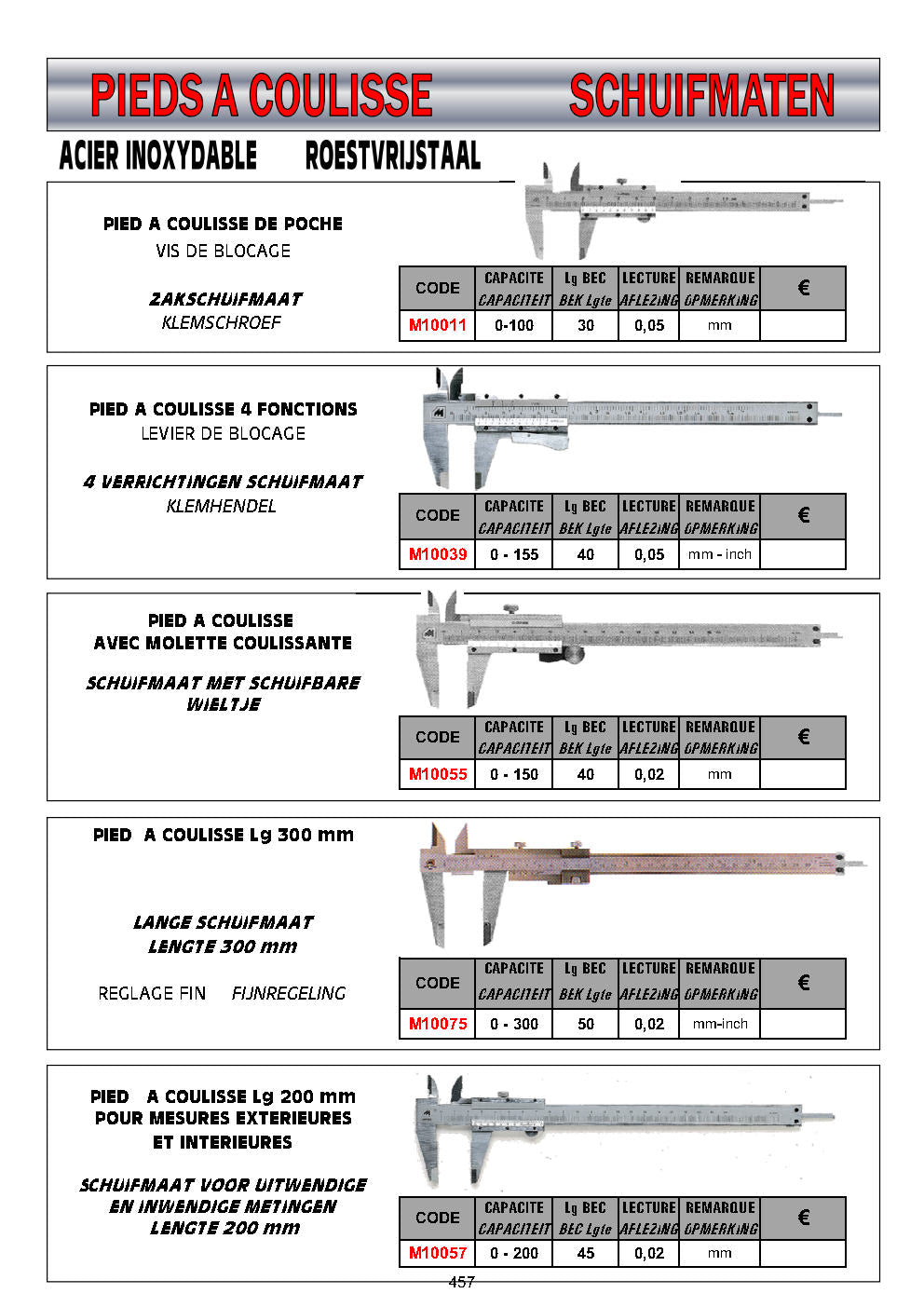 PIEDS A COULISSE & PIEDS A COULISSE SPECIAUX & JAUGES DE PROFONDEUR – SCHUIFMATEN & DIEPTESCHUIFMATEN
