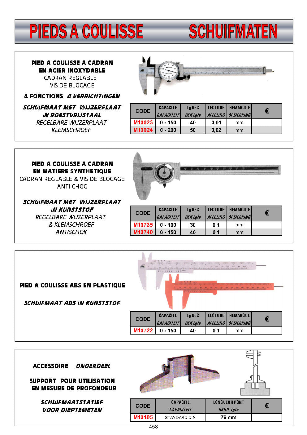 PIEDS A COULISSE & PIEDS A COULISSE SPECIAUX & JAUGES DE PROFONDEUR – SCHUIFMATEN & DIEPTESCHUIFMATEN