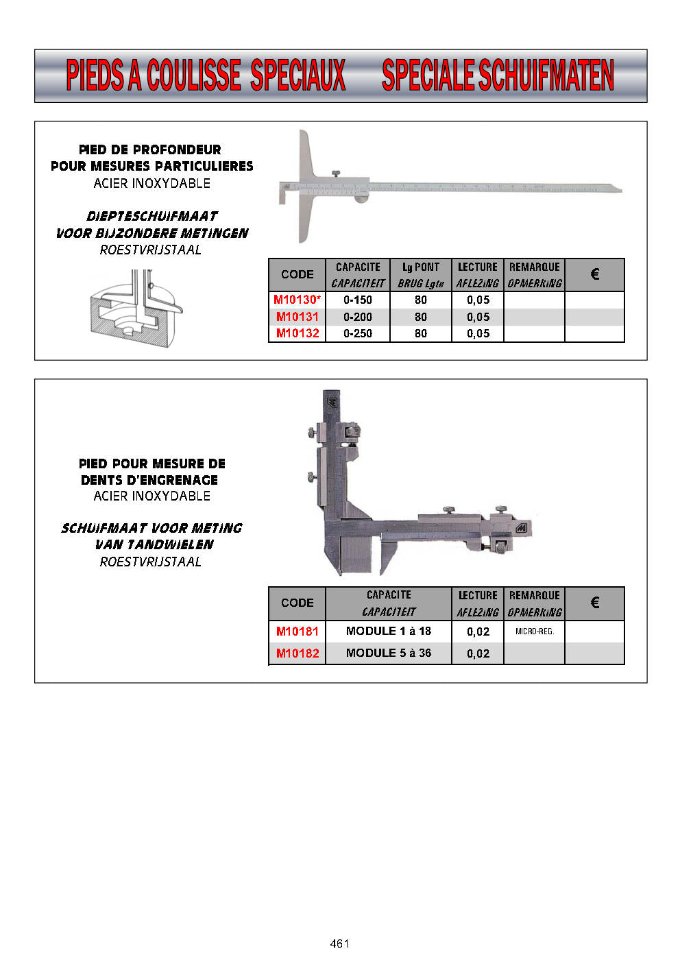 PIEDS A COULISSE & PIEDS A COULISSE SPECIAUX & JAUGES DE PROFONDEUR – SCHUIFMATEN & DIEPTESCHUIFMATEN
