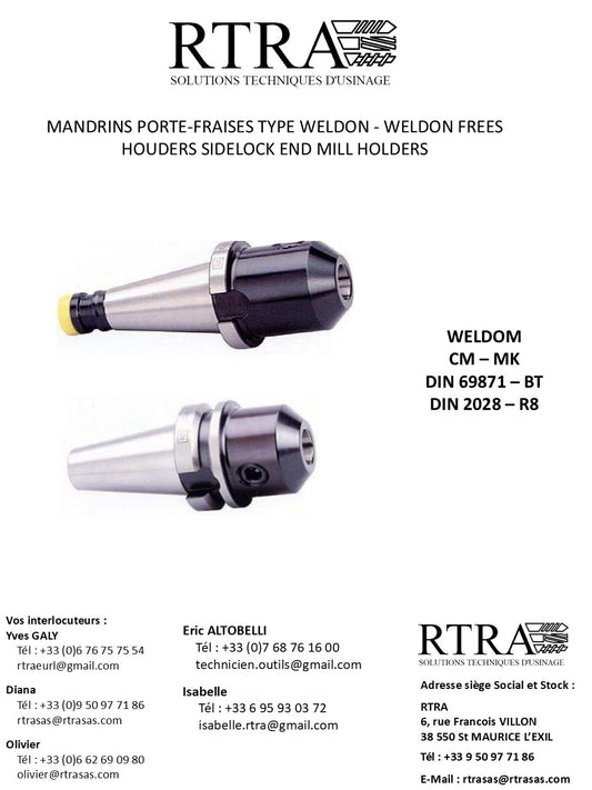MANDRINS PORTE-FRAISES TYPE WELDON - WELDON FREES HOUDERS - SIDELOCK END MILL HOLDERS