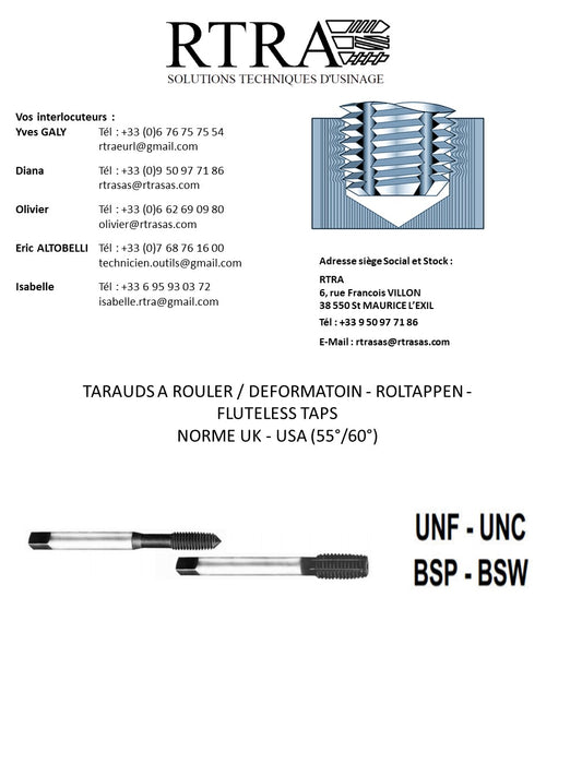 TARAUDS A ROULER UK & USA (55° / 60°) / DEFORMATION - ROLTAPPEN - FLUTELESS TAPS