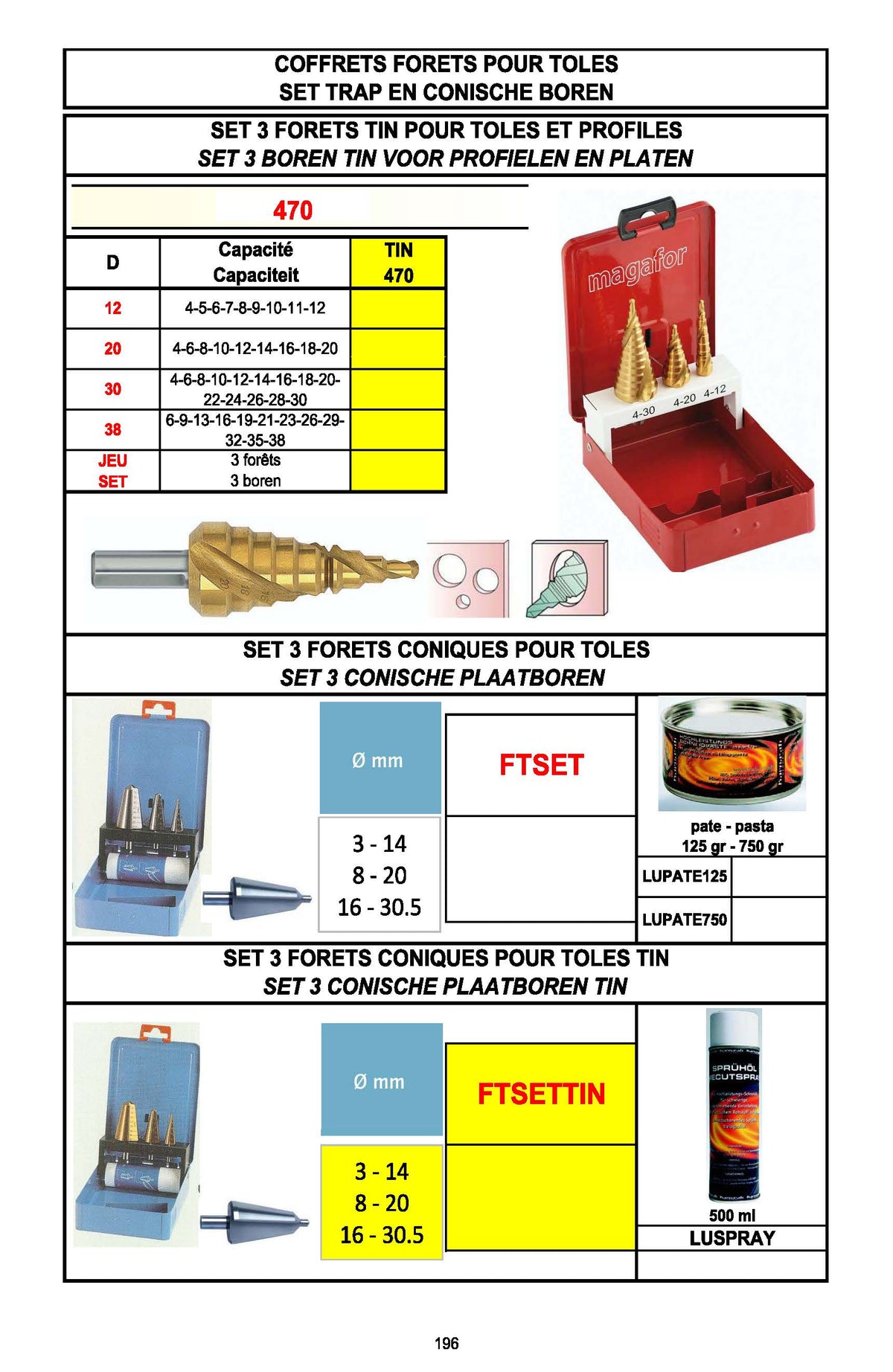 FORETS POUR TOLES / FORETS A AGRANDINS - PLAATBOREN / TRAPBOREN STEP DRILLS / CONICAL DRILL BITS
