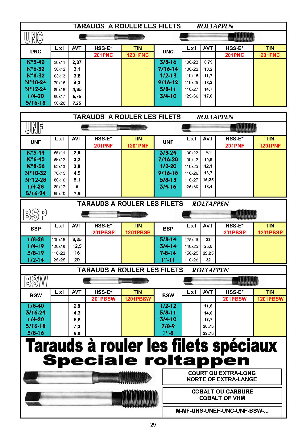 TARAUDS A ROULER  UK & USA (55° / 60°) / DEFORMATION - ROLTAPPEN - FLUTELESS TAPS