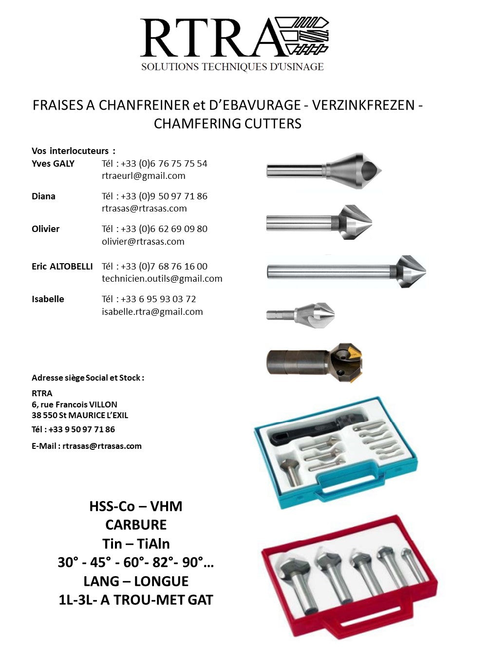 FRAISES A CHANFREINER et D’EBAVURAGE (FRAISE OLIVE / FRAISE A TROU / FRAISE A NOYER)- VERZINKFREZEN - CHAMFERING CUTTERS