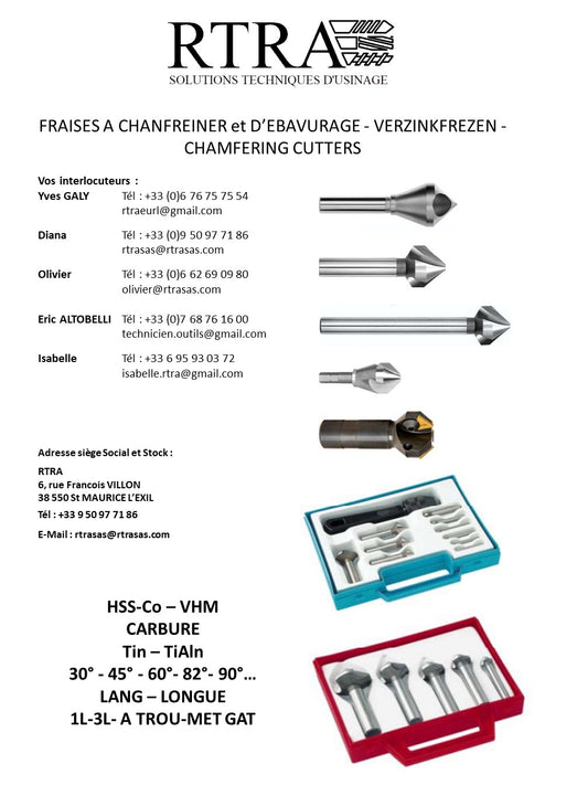 FRAISES A CHANFREINER et D’EBAVURAGE (FRAISE OLIVE / FRAISE A TROU / FRAISE A NOYER)- VERZINKFREZEN - CHAMFERING CUTTERS