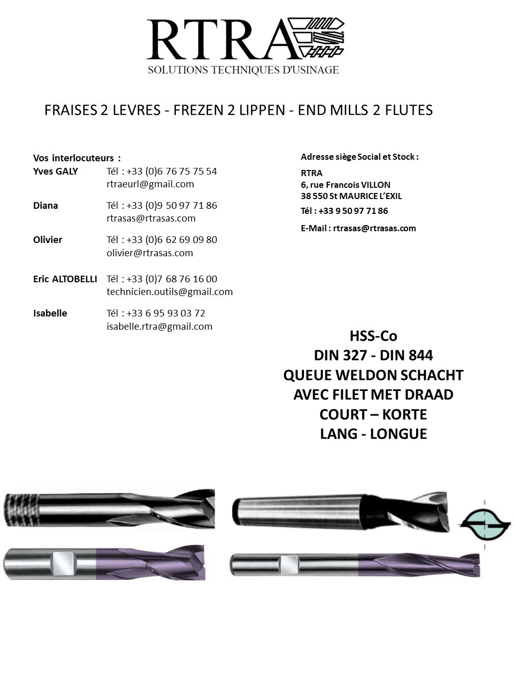 FRAISES 2 LEVRES (Z2) / FRAISES COUTEAUX - FREZEN 2 LIPPEN - END MILLS 2 FLUTES