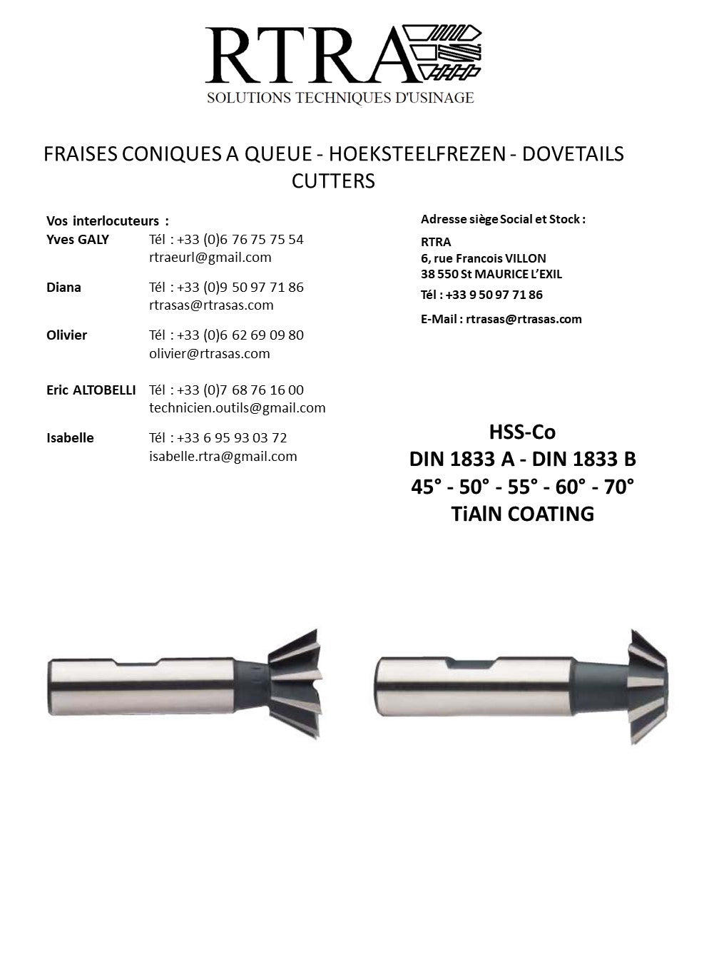 FRAISES CONIQUES A QUEUE - HOEKSTEELFREZEN - DOVETAILS CUTTERS