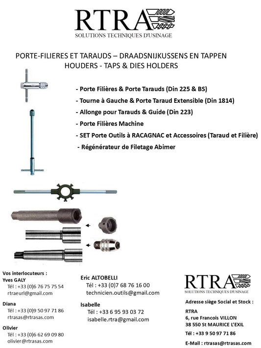 PORTE-FILIERES ET TARAUDS – DRAADSNIJKUSSENS EN TAPPEN HOUDERS - TAPS & DIES HOLDERS