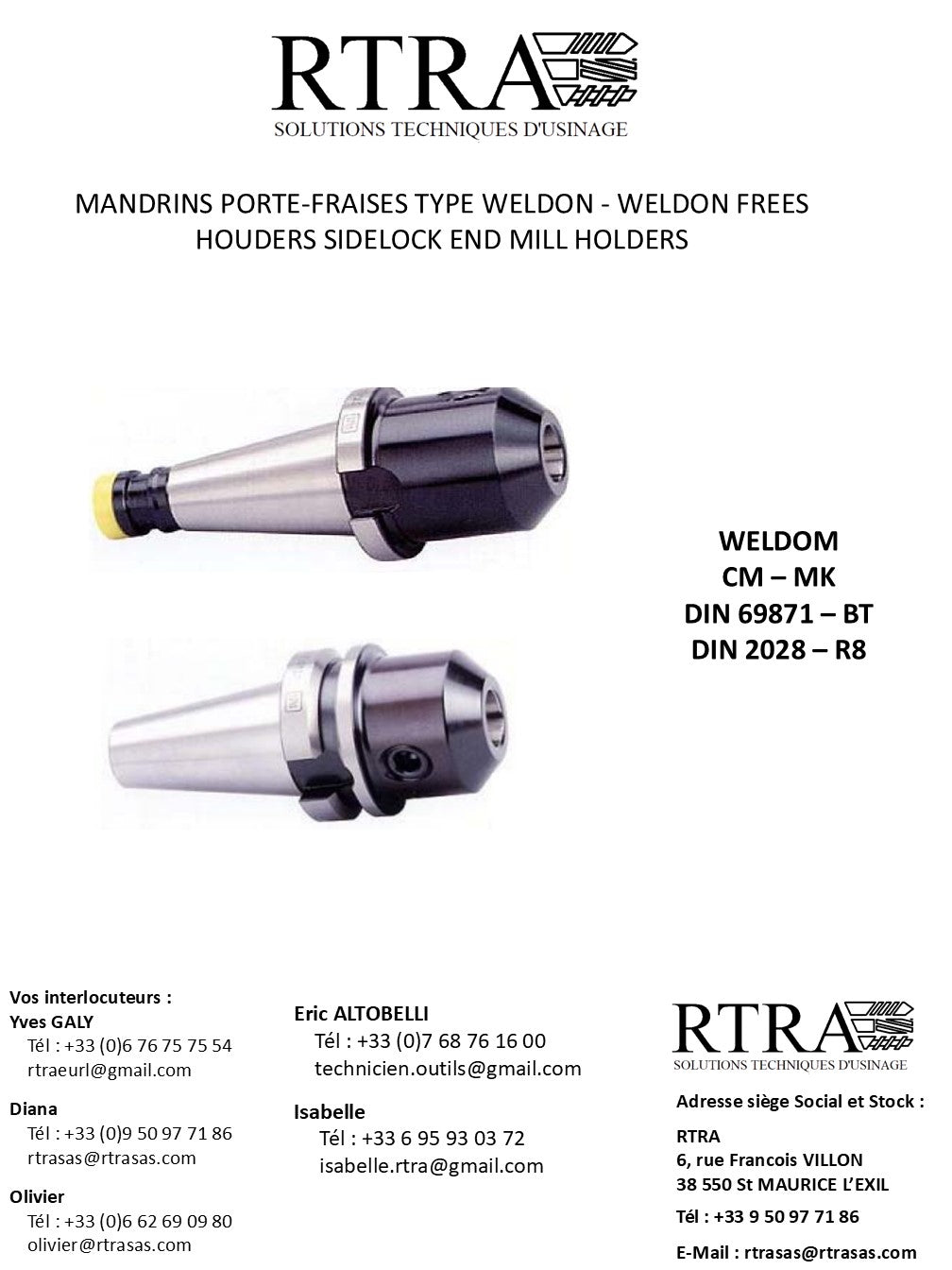 MANDRINS PORTE-FRAISES TYPE WELDON - WELDON FREES HOUDERS - SIDELOCK END MILL HOLDERS