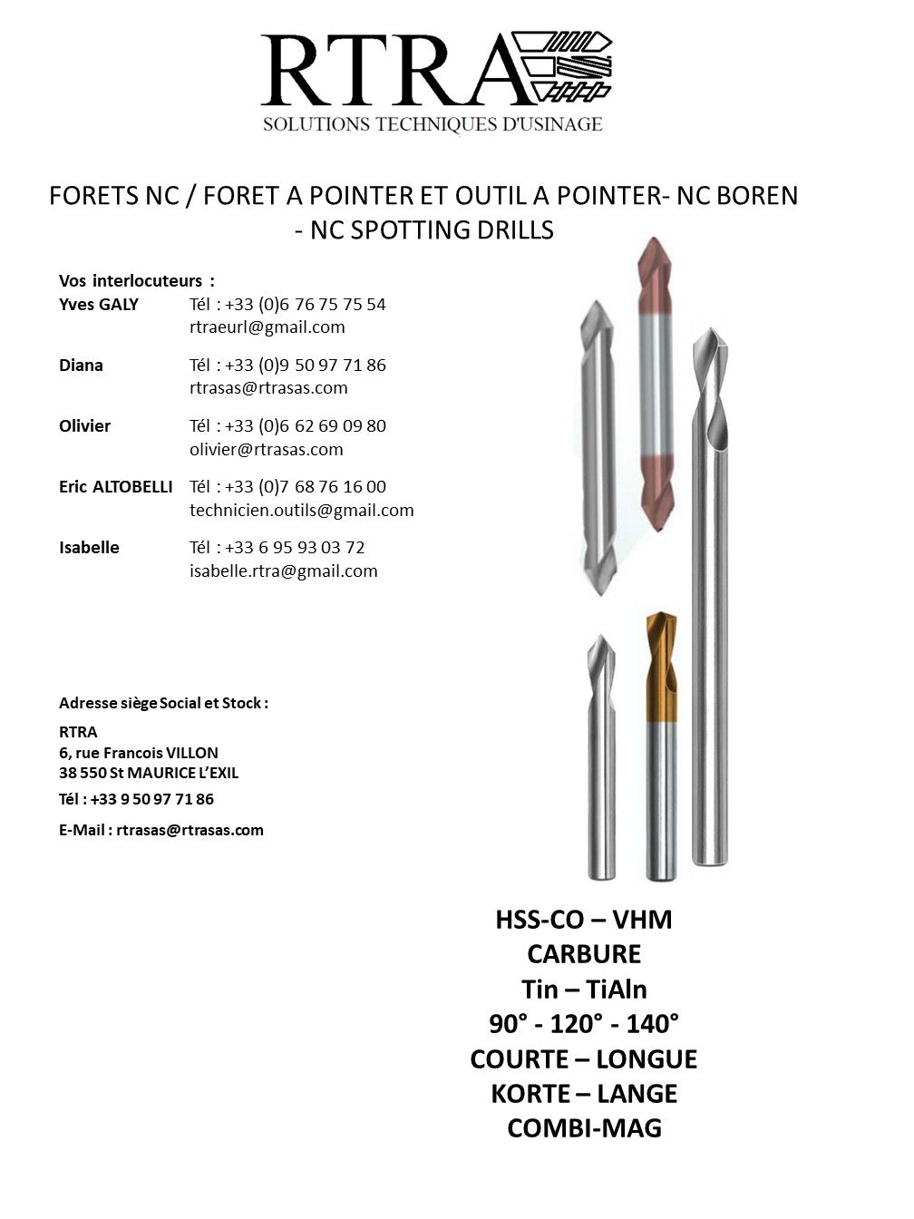 FORETS NC / FORET A POINTER ET OUTIL A POINTER  - NC BOREN - NC SPOTTING DRILLS