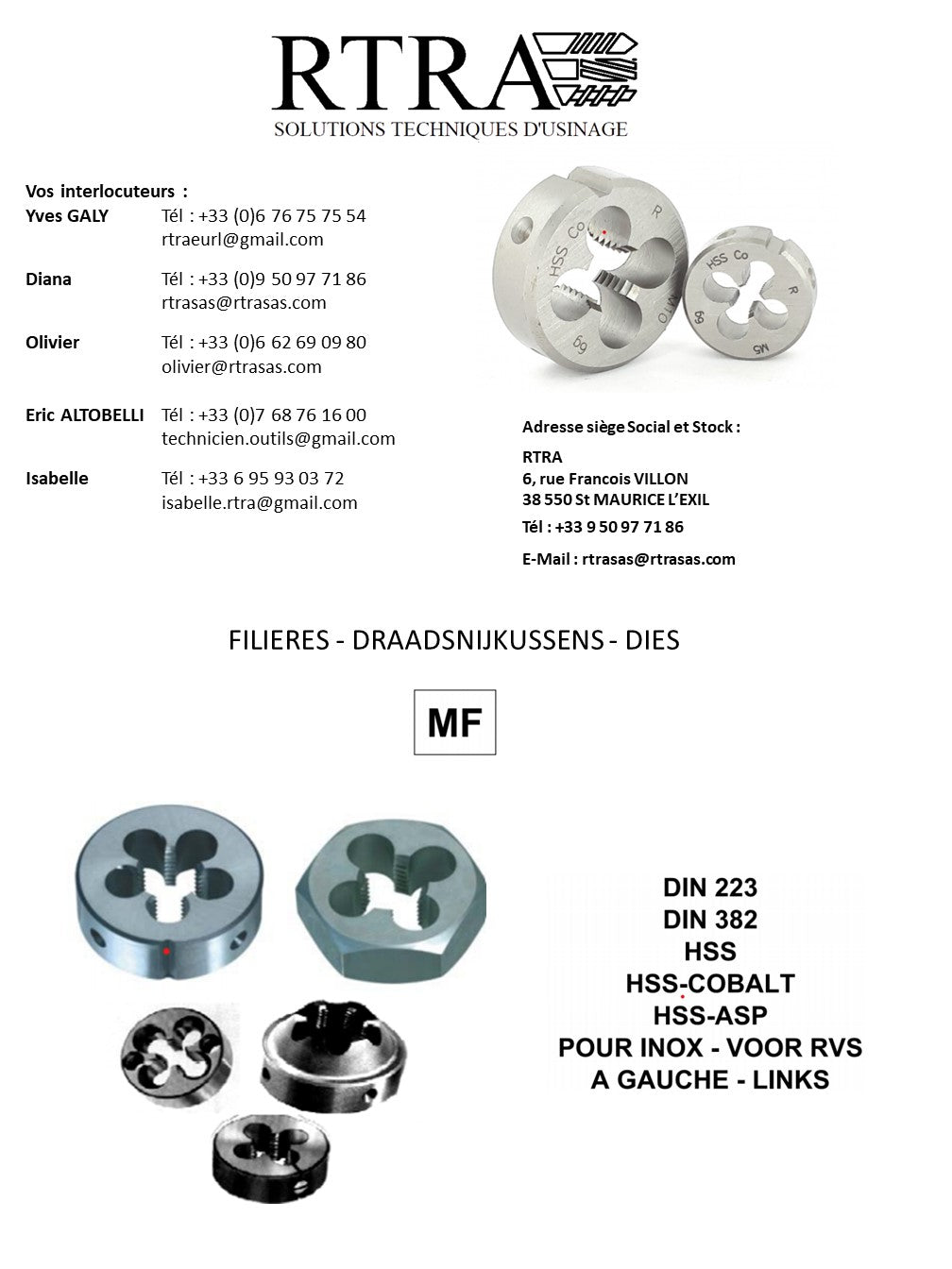 FILIÈRES MÉTRIQUE FIN / ISO FIN / MF - DRAADSNIJKUSSENS - DIES