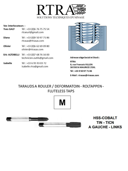 TARAUDS A ROULER / DEFORMATION MÉTRIQUE / ISO /M / DEFORMATION - ROLTAPPEN - FLUTELESS TAPS