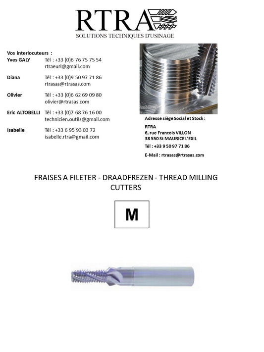 FRAISES A FILETER (TARAUDAGES) MÉTRIQUE / ISO / M - DRAADFREZEN - THREAD MILLING CUTTERS