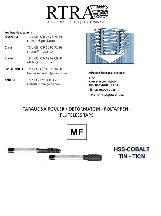 TARAUDS A ROULER / DEFORMATION MÉTRIQUE FIN / ISO FIN /MF / DEFORMATION - ROLTAPPEN - FLUTELESS TAPS