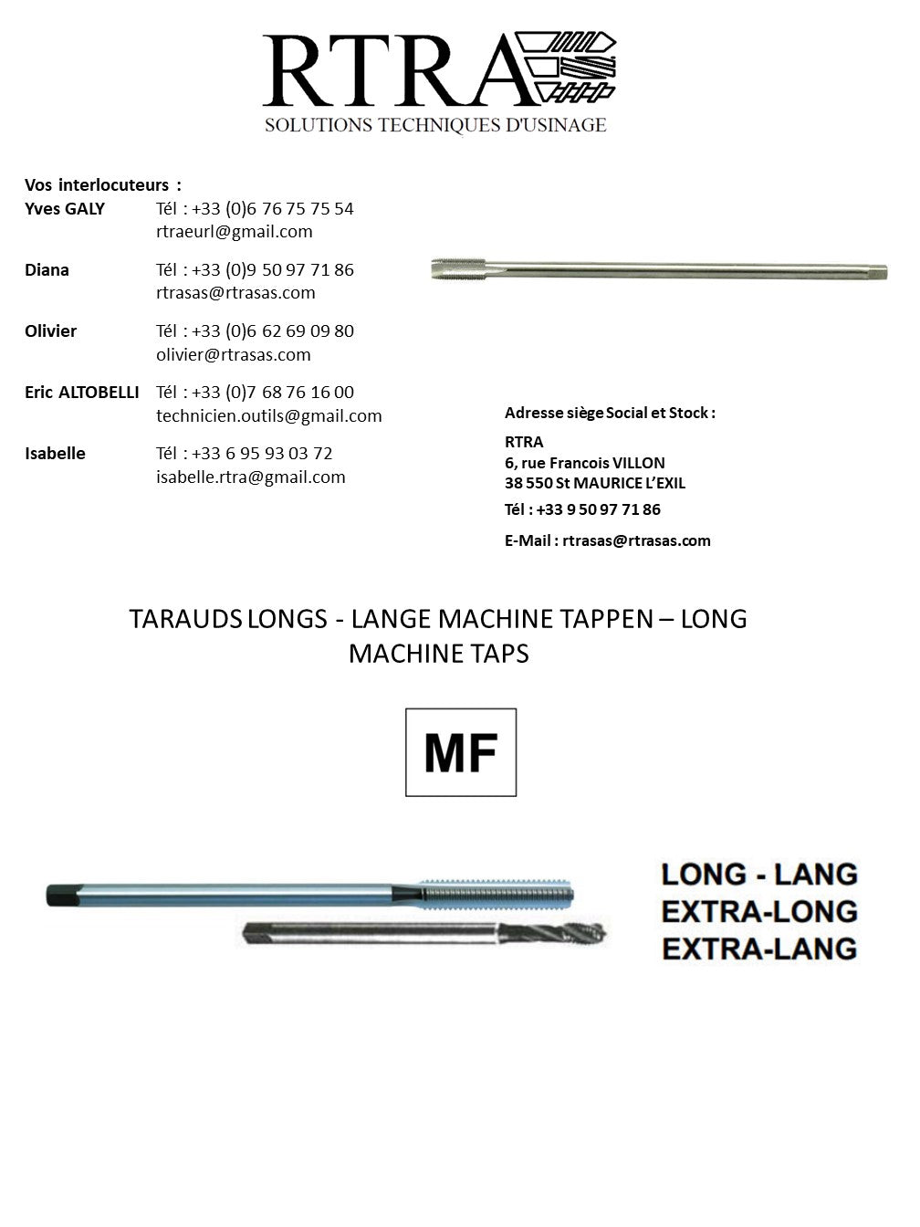 TARAUDS LONGS MÉTRIQUE FIN / ISO FIN / MF - LANGE MACHINE TAPPEN - LONG MACHINE TAPS