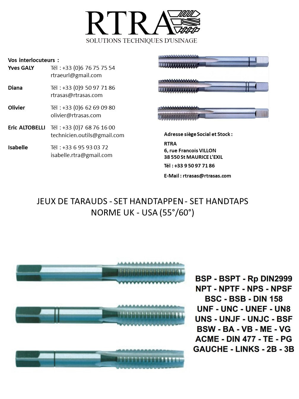 JEUX DE TARAUDS UK & USA (55° / 60°) - SET HANDTAPPEN - SET HANDTAPS