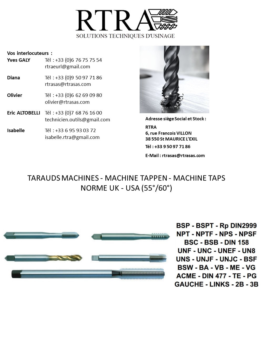 TARAUDS MACHINES MÉTRIQUE UK & USA (55° / 60°)