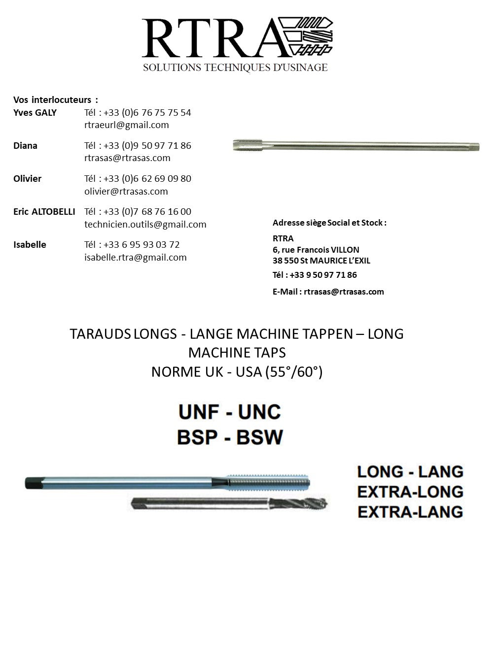 TARAUDS LONGS UK & USA (55° / 60°) - LANGE MACHINE TAPPEN - LONG MACHINE TAPS