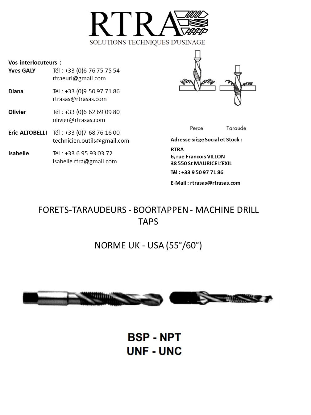 FORETS-TARAUDEURS UK & USA (55° / 60°)- BOORTAPPEN - MACHINE DRILL TAPS