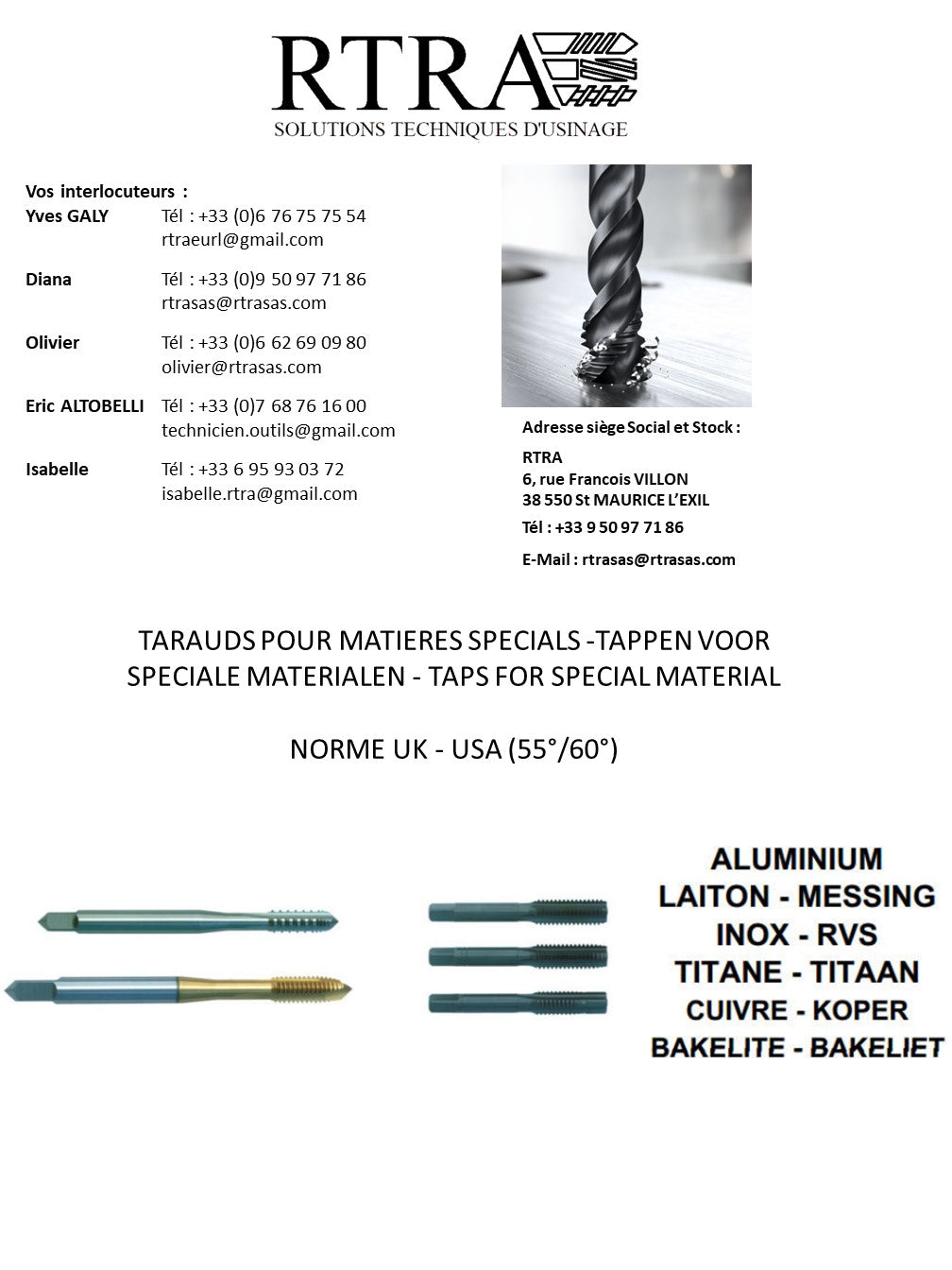 TARAUDS POUR MATIERES SPECIAL UK & USA (55° / 60°) - TAPPEN VOOR SPECIALE MATERIALEN - TAPS FOR SPECIAL MATERIAL