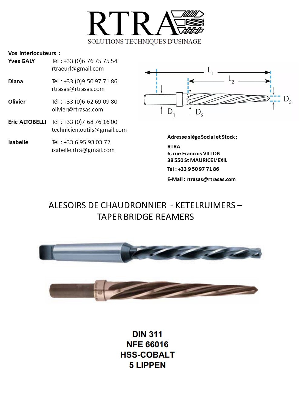 ALESOIRS DE CHAUDRONNIER  - KETELRUIMERS –  TAPER BRIDGE REAMERS