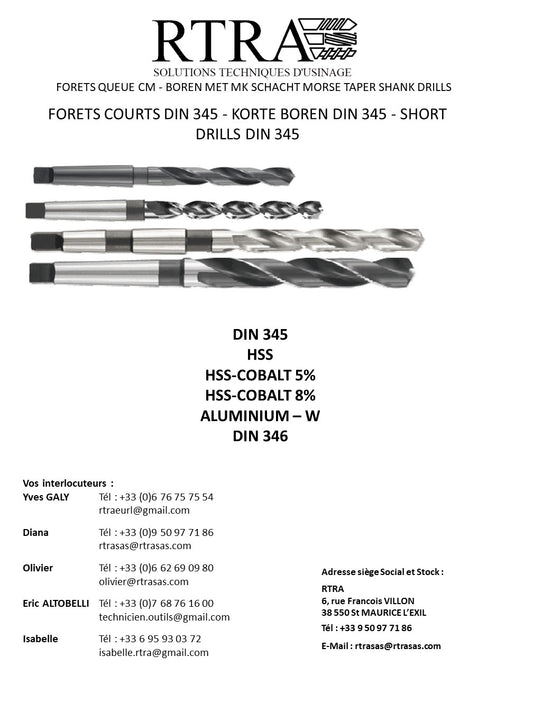 FORETS CM COURTS DIN 345 / 346 - KORTE BOREN DIN 345 / 346 - SHORT DRILLS DIN 345 / 346